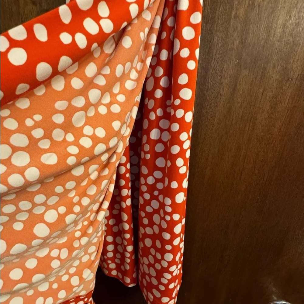 Eliza J faux wrap dress 6 orange white polka dot career office - Picture 6 of 9